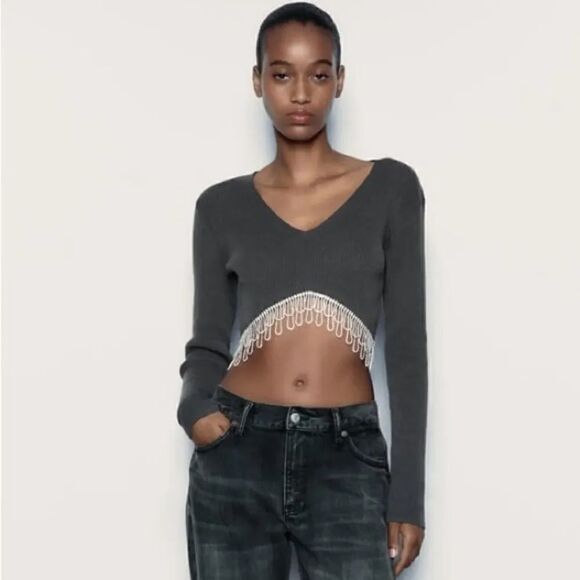 ZARA RHINESTONE SOFT CROP TOP - Picture 6 of 12